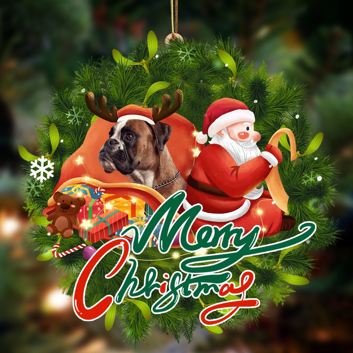 boxer-Santa & dog Hanging Christmas Plastic Hanging Ornament, Christmas Gift, Christmas Decoration