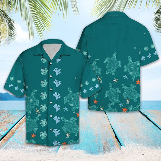 Teal Sea Turtle And Coral Under Ocean Hawaiian Shirt, Hawaiian Shirt Gift, Christmas Gift