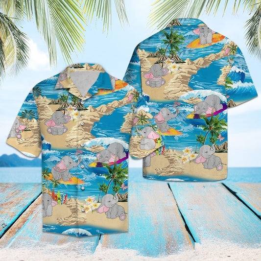 Cartoon Baby Elephant On Island Summer Vacation Pattern Hawaiian Shirt, Hawaiian Shirt Gift, Christmas Gift