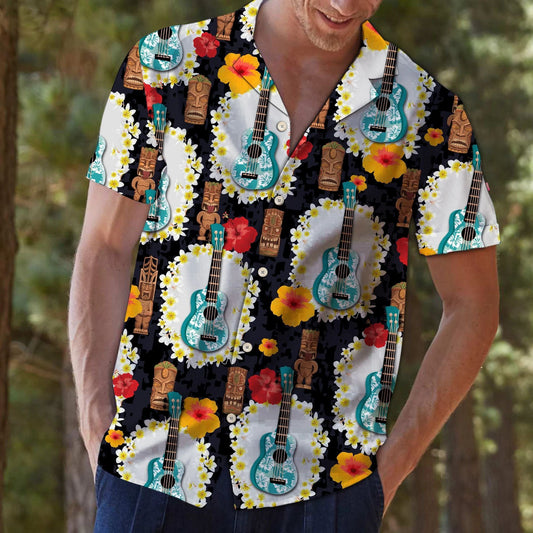 Ukulele Tiki With Hibiscus Design Hawaiian Shirt, Hwaiian For Gift