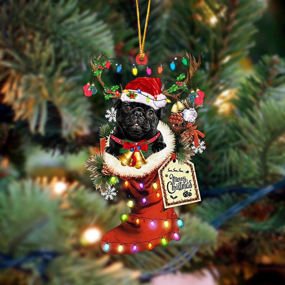BLACK Pug-Xmas Boot-Two Sided Christmas Plastic Hanging Ornament, Christmas Ornament Gift, Christmas Gift, Christmas Decoration