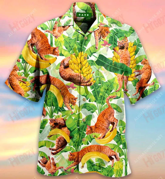 Funny Cats And Jumping Bananas Short Hawaiian Shirt Vacation Tropical Shirts Tactical Hawaiian Shirt Hawaiian Shirt Pattern, Hawaiian Shirt Gift, Christmas Gift