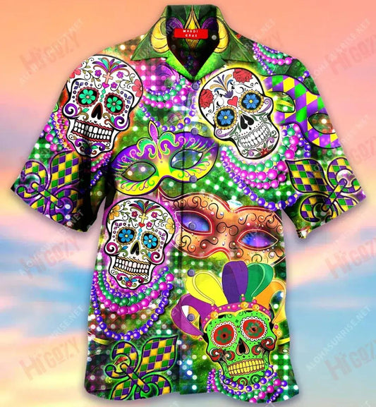 Mardi Gras Skulls Short Hawaiian Shirt Summer Aloha Shirt Tactical Hawaiian Shirt Hawaiian Shirt Pattern, Hawaiian Shirt Gift, Christmas Gift