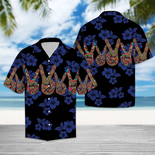 Peace Hand Sign Tropical Hibiscus On Black Pattern Hawaiian Shirt, Hawaiian Shirt Gift, Christmas Gift