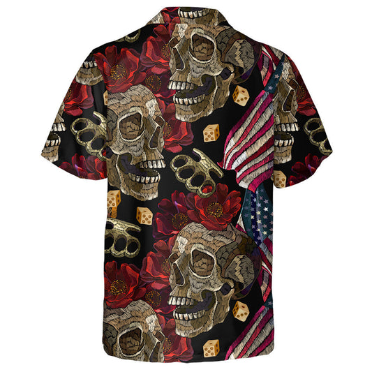 Embroidery Skulls Roses Flowers Brass Knuckles American Flag Hawaiian Shirt, Hawaiian Shirt Gift, Christmas Gift