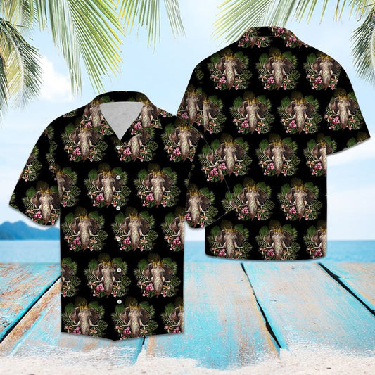 Black Themed Elephant King Of Jungle Pattern Hawaiian Shirt, Hawaiian Shirt Gift, Christmas Gift