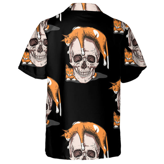 Skull With Orange Cats On Black Background Hawaiian Shirt, Hawaiian Shirt Gift, Christmas Gift