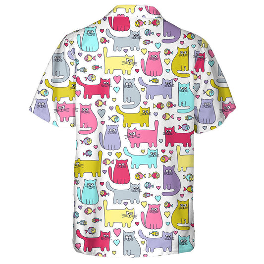 Bright Colors Cats And Fish On White Background Hawaiian Shirt, Hawaiian Shirt Gift, Christmas Gift