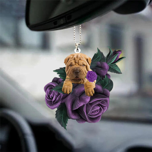 Shar Pei In Purple Rose Car Hanging Ornament, Christmas Decoration