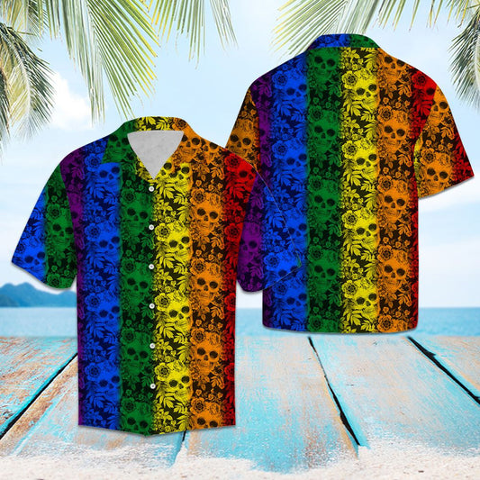 Tropical Plants And Skull Lgbt Color Striped Pattern Hawaiian Shirt, Hawaiian Shirt Gift, Christmas Gift