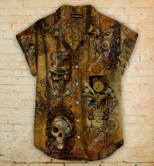 Skull Steampunk Short Hawaiian Shirt Ocean Hawaiian T Shirts Hawaiian Crazy Shirts Hawaiian Shirts For Women, Hawaiian Shirt Gift, Christmas Gift