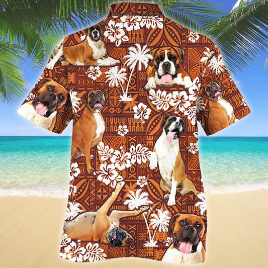Boxer Dog Red Tribal And White Hibiscus Pattern Hawaiian Shirt, Hawaiian Shirt Gift, Christmas Gift