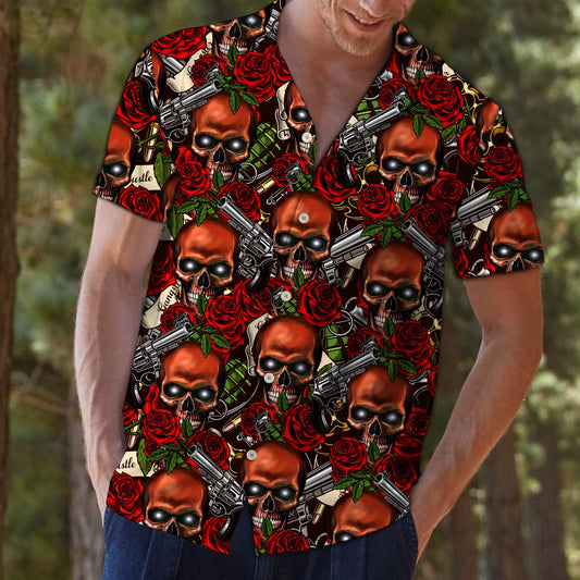 Scary Skull With Gun And Red Rose Pattern Hawaiian Shirt, Hawaiian Shirt Gift, Christmas Gift