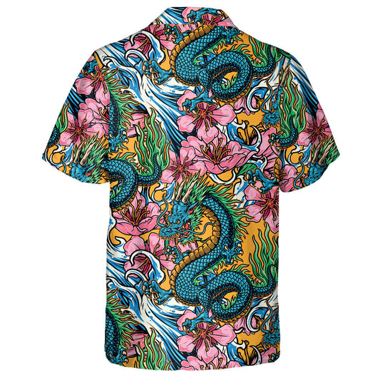 Horned Fantasy Dragon Sea Waves And Sakura Flowers Hawaiian Shirt, Hawaiian Shirt Gift, Christmas Gift