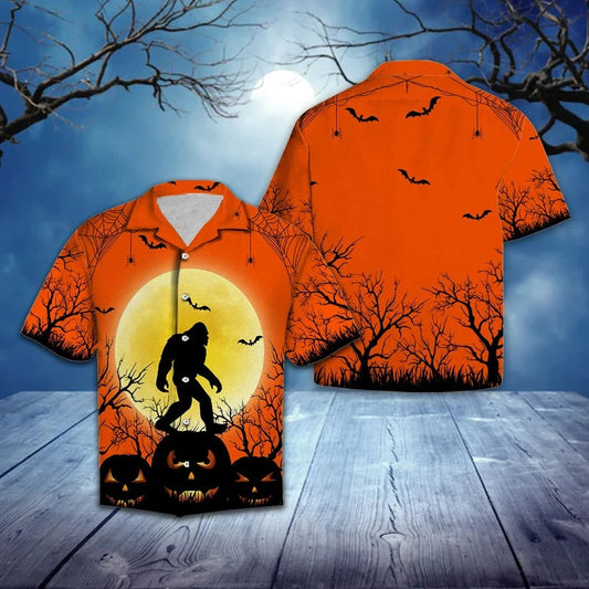 Lonely Bigfoot Walking On Pumkin Halloween Night Pattern Hawaiian Shirt, Hawaiian Shirt Gift, Christmas Gift