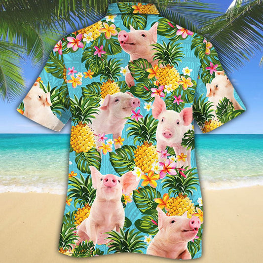Playful Pig Pineapple Tropical Palm Leaves Pattern Hawaiian Shirt, Hawaiian Shirt Gift, Christmas Gift