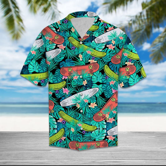 Drawing Colorful Skateboard On Tropical Leaves Themed Hawaiian Shirt, Hawaiian Shirt Gift, Christmas Gift