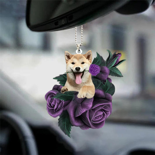 Shiba Inu In Purple Rose Car Hanging Ornament, Dog Hanging Car Ornament, Christmas Decoration