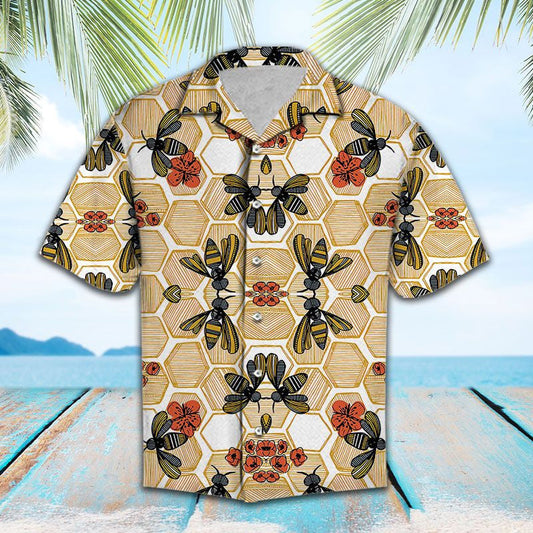 Vintage Flower Honey Bee Hexagon Background Pattern Hawaiian Shirt, Hawaiian Shirt Gift, Christmas Gift