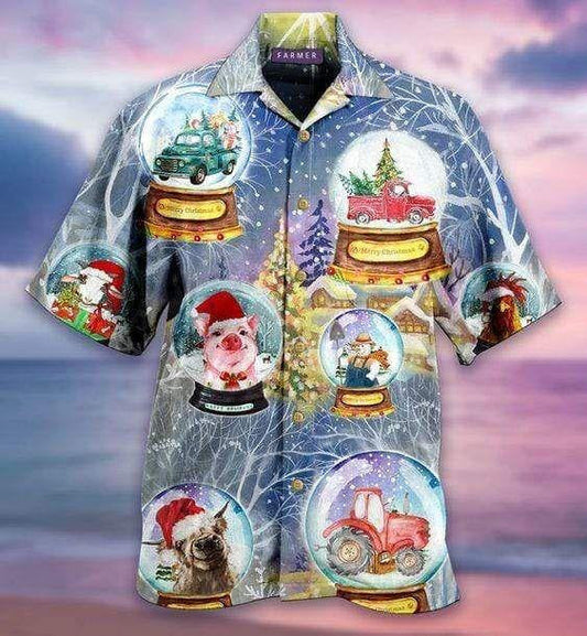 Merry Christmas Funny Farmer Pig And Dog Pattern Hawaiian Shirt, Hawaiian Shirt Gift, Christmas Gift.