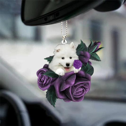 Samoyed In Purple Rose Car Hanging Ornament, Christmas Decoration