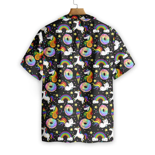 Rainbow Unicorn Kitticorn On Black Background Pattern Hawaiian Shirt, Hawaiian Shirt Gift, Christmas Gift