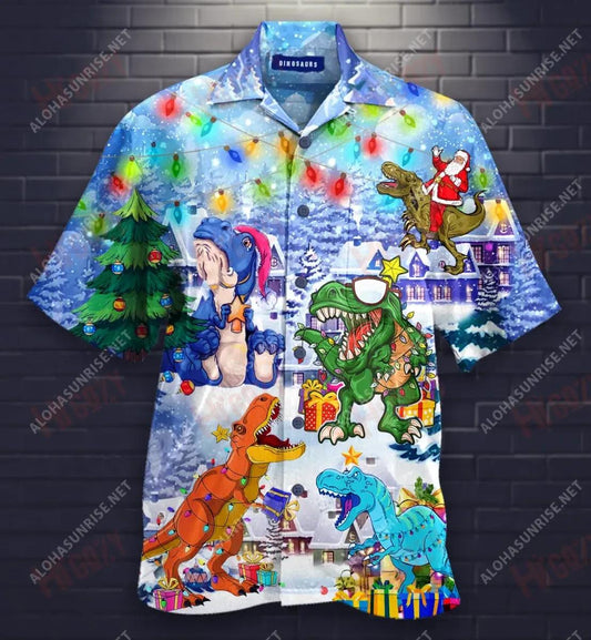 T-Rex Christmas Short Short Sleeve Shirt Vacation Hawaiian T Shirts Tactical Hawaiian Shirt Hawaiian Shirts For Men, Hawaiian Shirt Gift, Christmas Gift