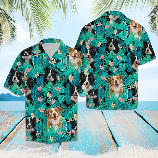 Border Collie Hiding Behind Tropical Leave Pattern Hawaiian Shirt, Hawaiian Shirt Gift, Christmas Gift