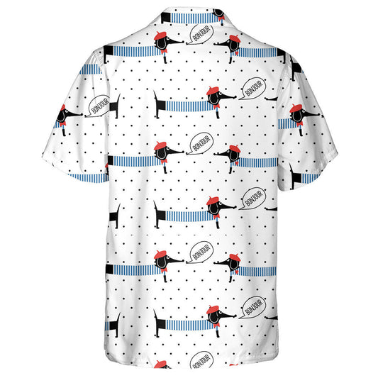 French Style Dachshund Saying Bonjour On Polka Dots Hawaiian Shirt, Hawaiian Shirt Gift, Christmas Gift