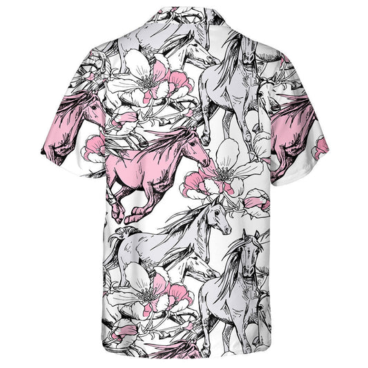 The Running Beautiful Horses And Pink Cherry Flowers Hawaiian Shirt, Hawaiian Shirt Gift, Christmas Gift
