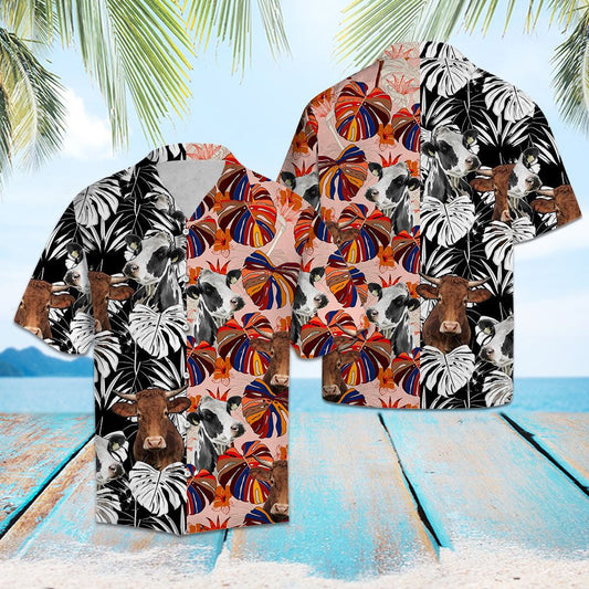 Farm Cow With Watercolor Monstera Leaves Hawaiian Shirt,Hawaiian Shirt Gift, Christmas Gift