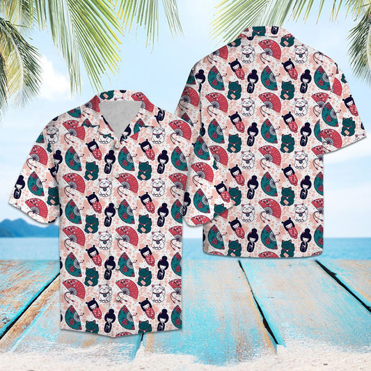 Geisha Aloha Japanese Paper Fan Hawaiian Shirt,Hawaiian Shirt Gift, Christmas Gift