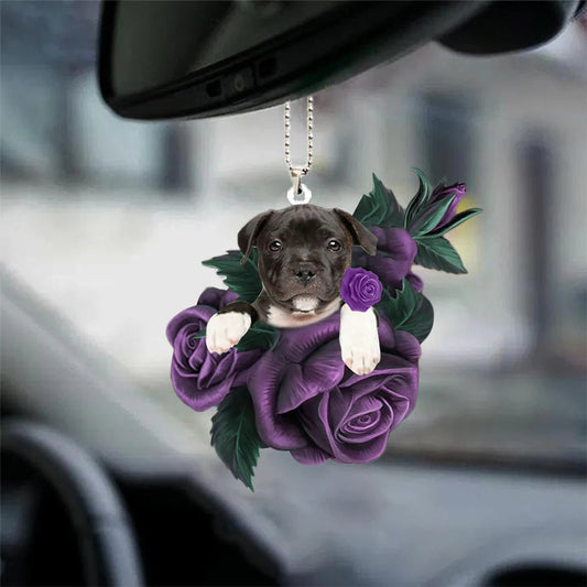 Staffordshire Bull Terrier In Purple Rose Car Hanging Ornament, Hanging Ornament For Car, Christmas Decoration