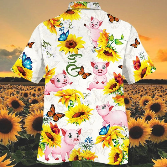 Funny Pig Playing With Butterfly And Sun Flower Hawaiian Shirt, Hawaiian Shirt Gift, Christmas Gift