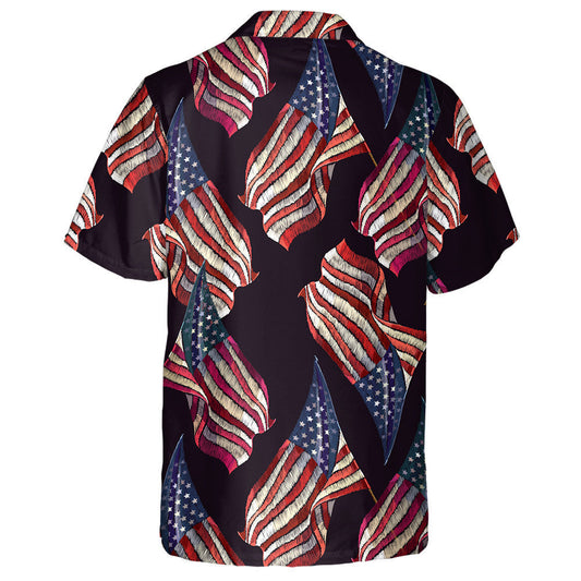 Vintage Embroidery Rippled American Flag Pattern Hawaiian Shirt, Hwaiian For Gift