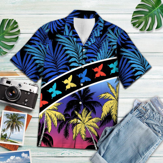 Awesome Vacation Tropical Coconut Palm Butterflies Stripes Pattern Hawaiian Shirt, Hawaiian Shirt Gift, Christmas Gift