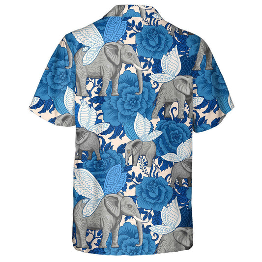 Blue Flowers And Flying Elephants With Butterfly Wings Hawaiian Shirt, Hawaiian Shirt Gift, Christmas Gift