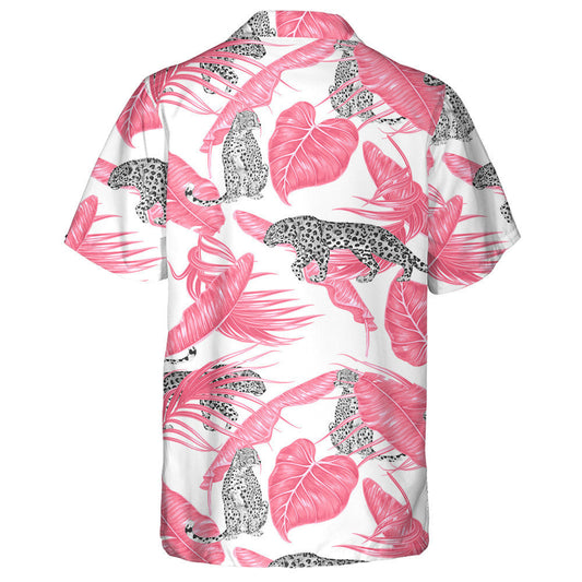 Modern Cartoon Leopard And Tropical Pink Palm Leaves Hawaiian Shirt, Hawaiian Shirt Gift, Christmas Gift