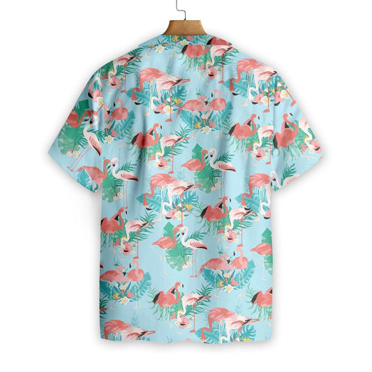 Flamingo In Love Beautiful Leave Blue Style Hawaiian Shirt, Hawaiian Shirt Gift, Christmas Gift