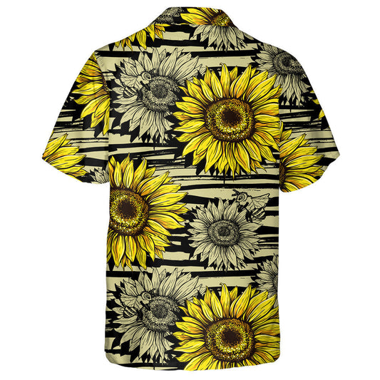 Horizontal Stripped Brush Strokes Pattern With Bees And Sunflowers Hawaiian Shirt, Hawaiian Shirt Gift, Christmas Gift
