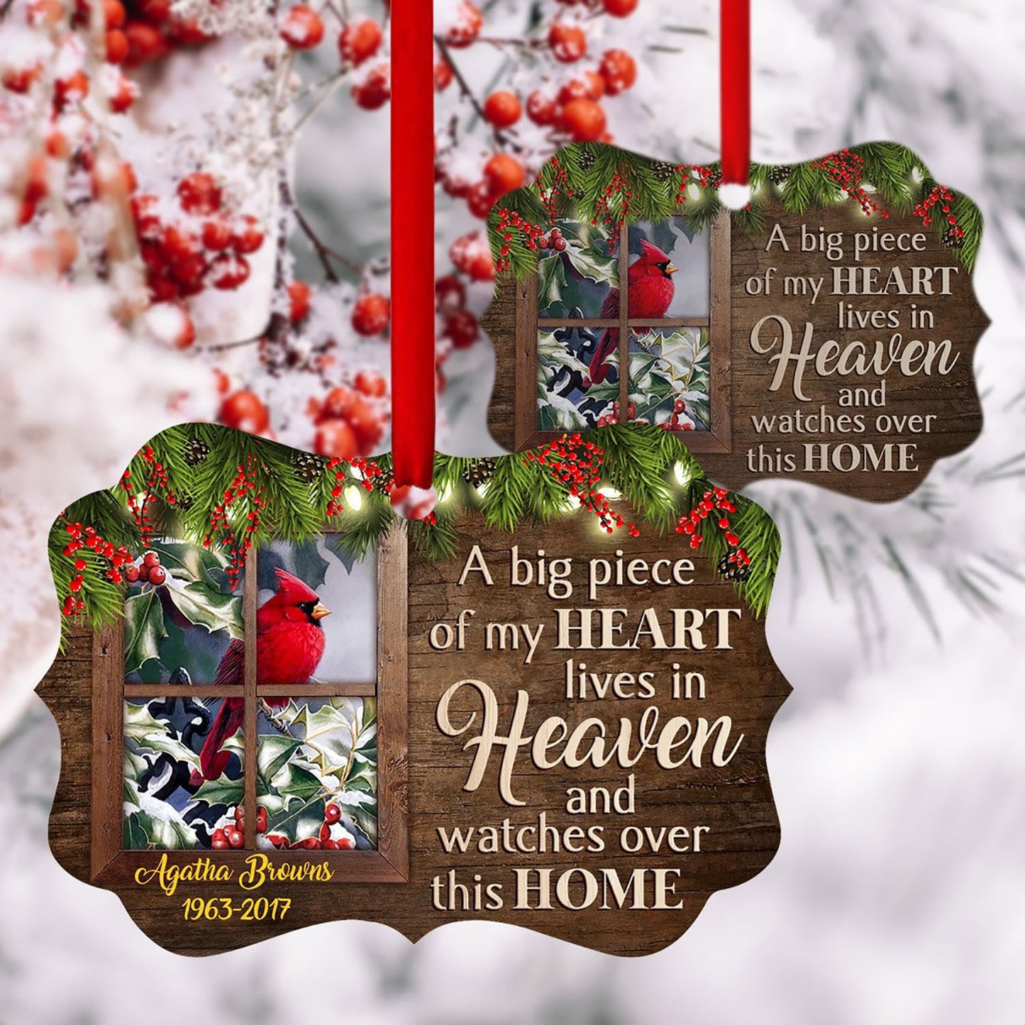 A Big Piece Of My Heart Lives In Heaven - Personalized Memorial Cardinal Bird Aluminium Ornament, Christmas Gift, Christmas Decoration