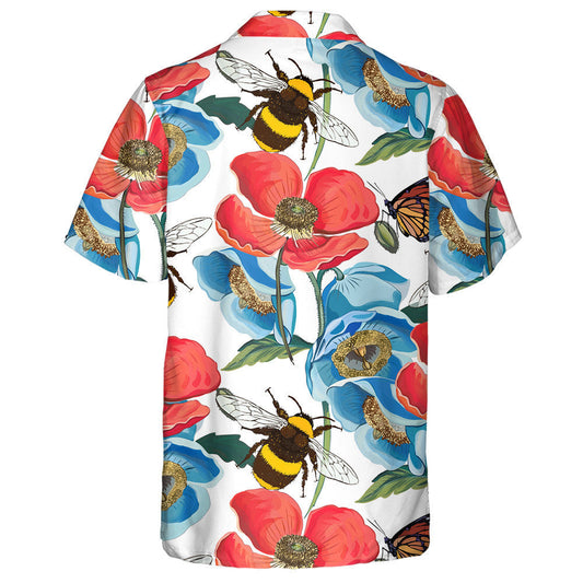 Theme Red Poppy Flowers With Bumblebee And Butterfly Hawaiian Shirt, Hawaiian Shirt Gift, Christmas Gift