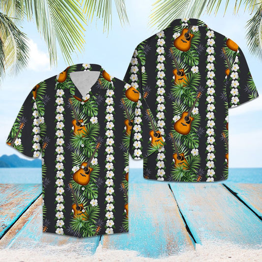Cool Guitar And Green Leaf Striped Pattern Hawaiian Shirt, Hawaiian Shirt Gift, Christmas Gift