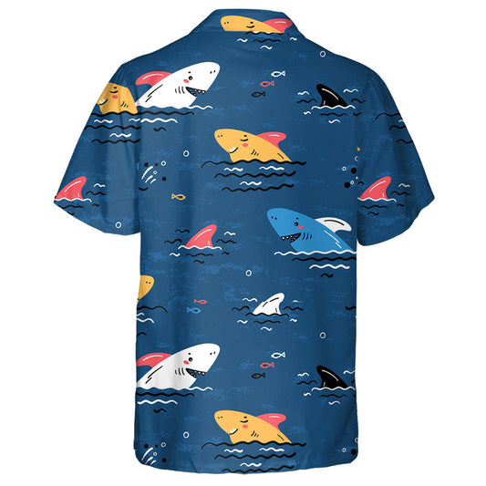 Colorful Cartoon Sharks Summer Sea Dark Blue Background Hawaiian Shirt, Hawaiian Shirt Gift, Christmas Gift