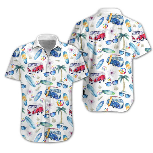 Adorable Hippie Car Beach Design Hawaiian Shirt, Hawaiian For Gift
