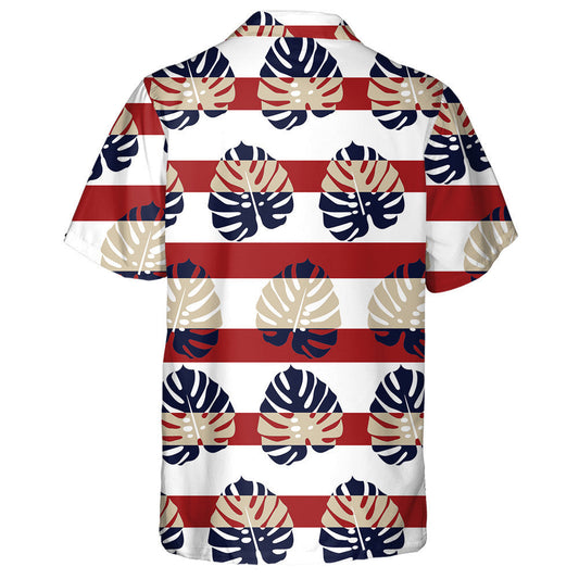 Tropical Monstera Leaf Pattern On Red Stripe Background Hawaiian Shirt, Hawaiian Shirt Gift, Christmas Gift