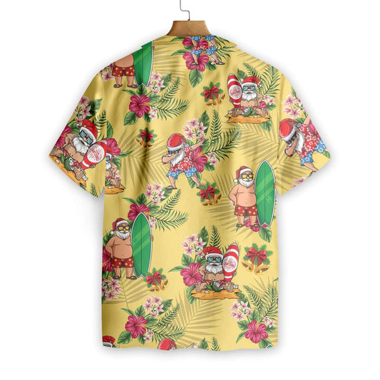 Merry Christmas Santa Claus Surfing Yellow Background Hawaiian Shirt, Hawaiian Shirt Gift, Christmas Gift