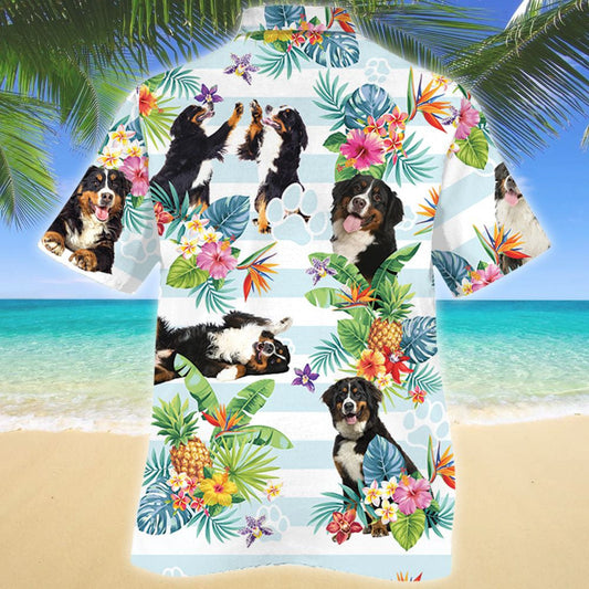 Bernese Mountain Cute Dog Tropical Flower Striped Pattern Hawaiian Shirt, Hawaiian Shirt Gift, Christmas Gift