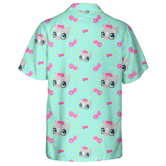 Cats Pink Bows And Stars On A Blue Background Hawaiian Shirt, Hawaiian Shirt Gift, Christmas Gift