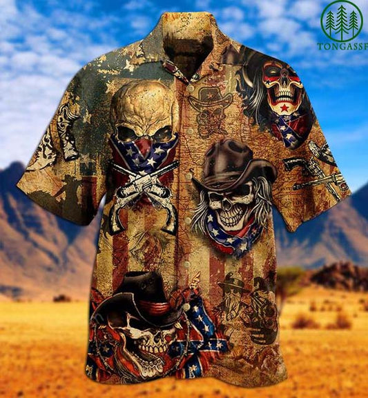 America Skull Cowboy Hawaiian Shirt, Christmas Gift